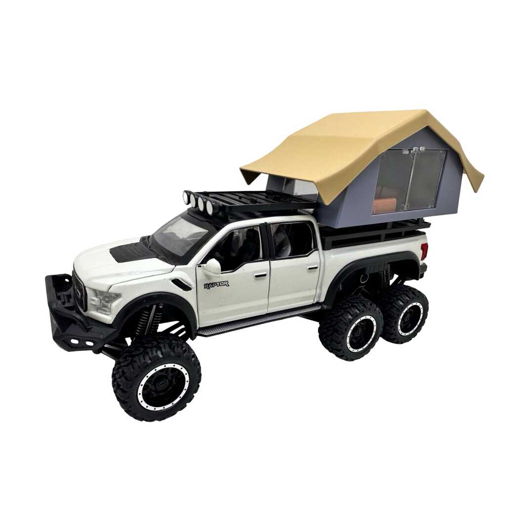Macheta Ford Raptor alb 6x6 Camper 1:24 replica metal lumini si sunete usa deschisa si compartiment detasabil