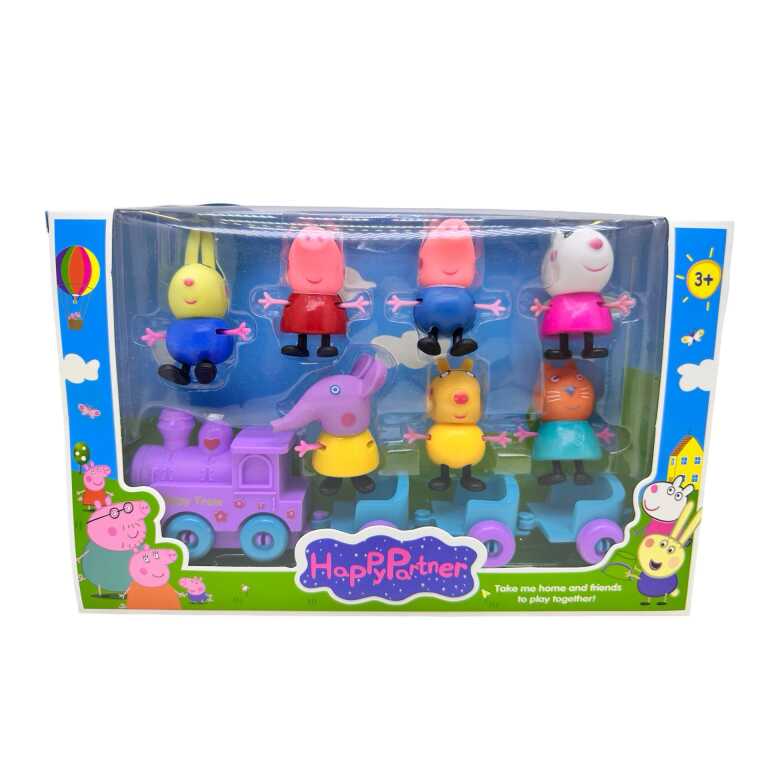 Set figurine familie Peppa Pig cu trenulet jucarie copii 8 piese