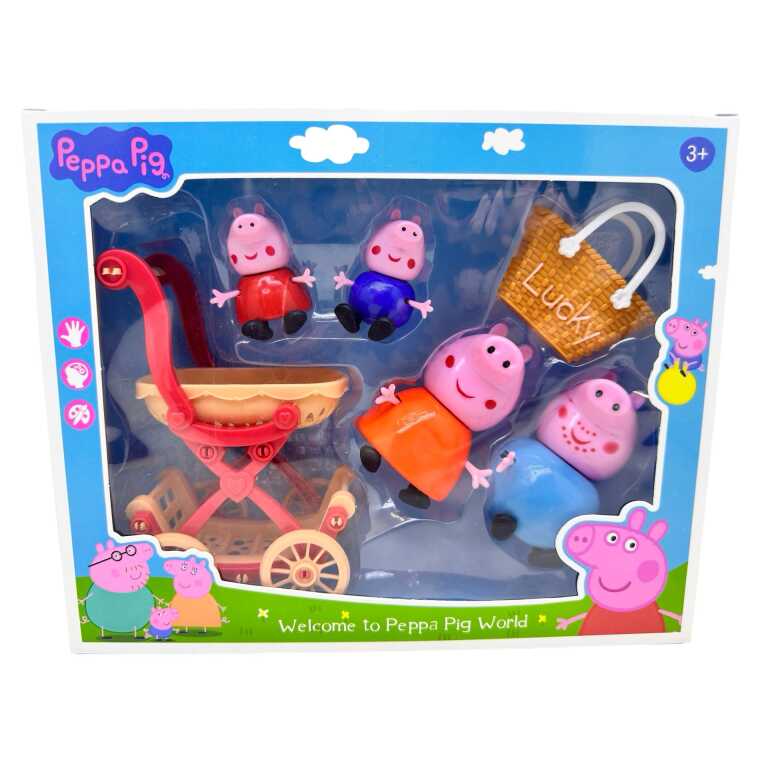 Set figurine familie Peppa Pig cu carucior jucarie copii accesorii incluse 6 piese