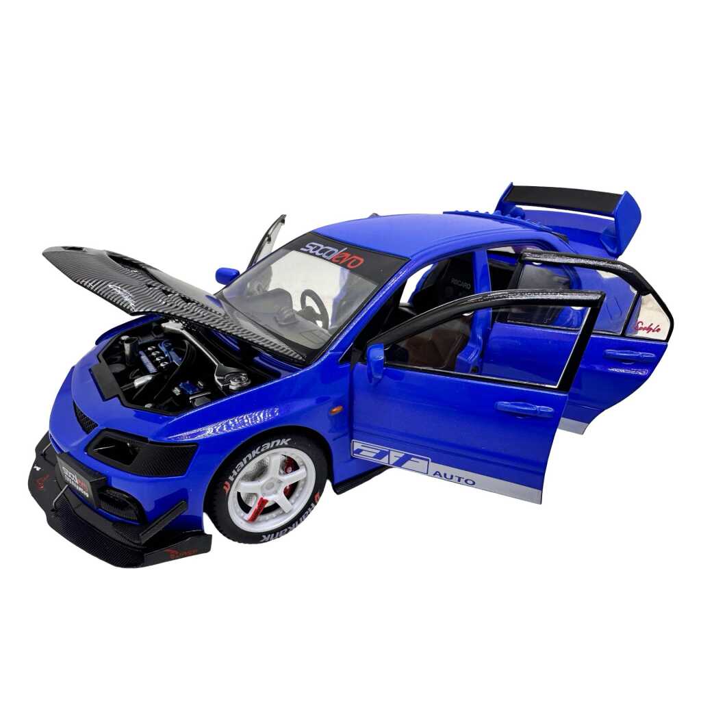 Macheta Mitsubishi Lancer Evo 9 albastru 1:24 replica metal lumini si sunete deschide usi capota si portbagaj