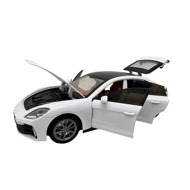 Macheta Porsche Panamera 1:24 replica metal alba lumini si sunete usi capota portbagaj deschise cu functie pull back