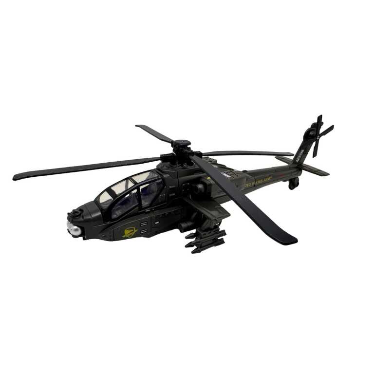 Macheta elicopter militar Apache metal 20 cm lumini sunete si mecanism pull back
