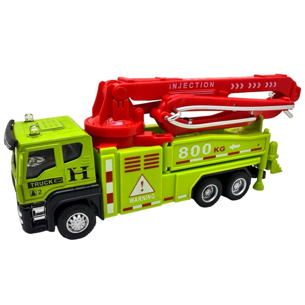 Macheta camion pompa beton 17 cm metal si plastic brat extensibil roti functionale sunet si lumini