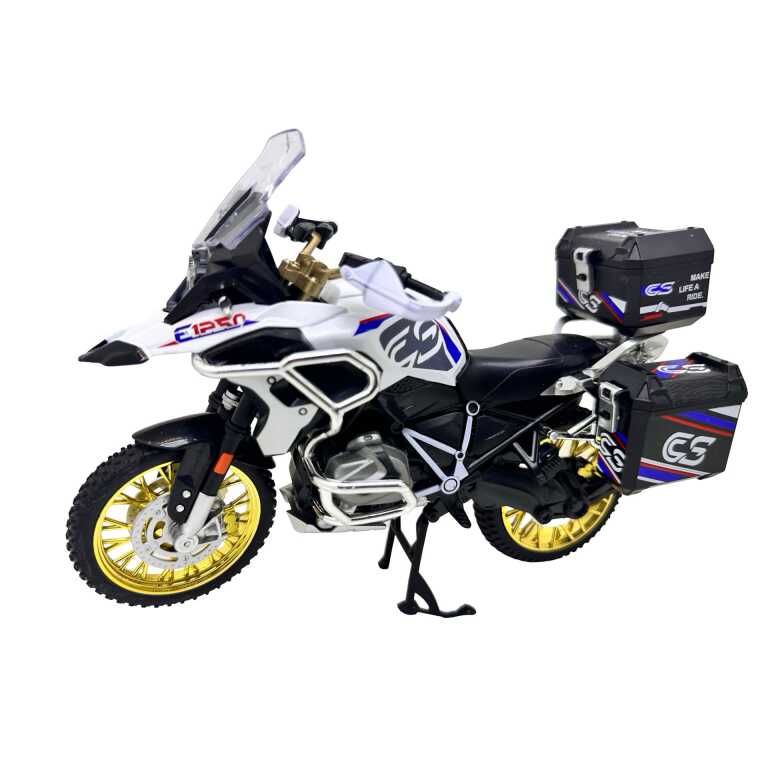 Macheta motocicleta BMW R1250 GS 20 cm replica metal si plastic lumini si sunete cutii laterale detasabile