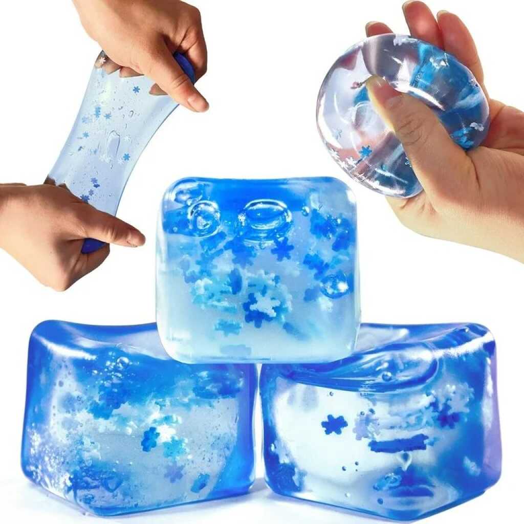 Jucarie antistres cub gel transparent cu fulgi zapada elastic squishy senzorial overtang