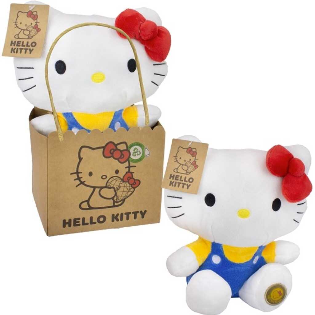 Jucarie de Plus Hello Kitty Salopeta Albastra in Punga de Cadou 27 cm