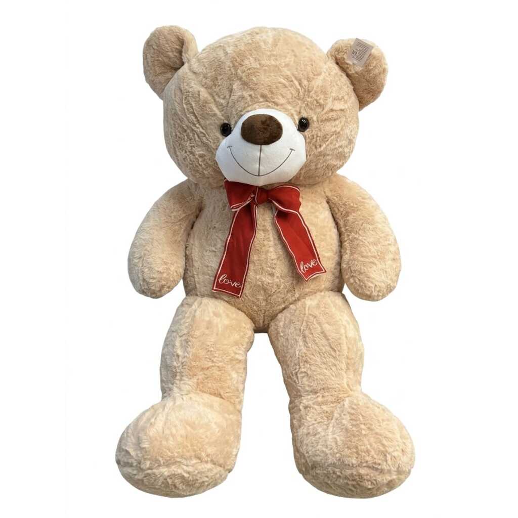 Urs de plus urias maro cu funda rosie 110 cm cu funda eleganta