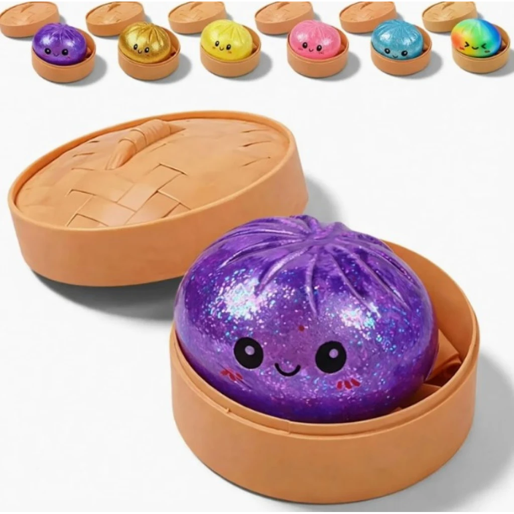 Jucarie antistres Squishy Dumpling cu sclipici si recipient 6cm