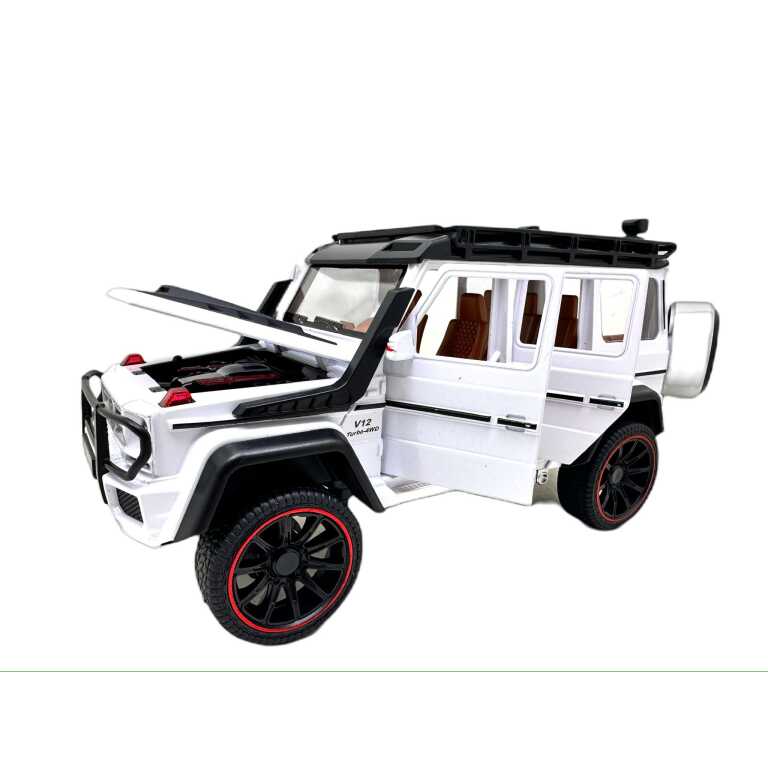 Macheta spectaculoasa inspirata de celebrul Mercedes G-Class AMG 6x6, realizata la scara 1:22, cu design premium, detalii realiste si multiple functii interactive. Modelul impresioneaza prin aspectul robust off-road, interiorul detaliat si efectele speciale de lumini, sunete si spray. Caroseria este realizata din metal die-cast, iar usile, capota si portbagajul se deschid pentru o experienta autentica. Efectul special de “spray” iluminat ofera un plus de realism si atractivitate. Caracteristici: Model SUV off-road stil Mercedes G-Class AMG Scara 1:22 Caroserie metalica die-cast Lumini si sunete interactive Efect spray iluminat Functie pull back Usi fata/spate functionale Capota motorului se deschide Portbagaj spate functional Interior detaliat maro Roti sport cu aspect premium Culoare: alb cu accente negre Dimensiuni aproximative: Lungime: aproximativ 22-24 cm Avantaje: Design realist si modern Ideal pentru colectie sau joaca Perfect pentru pasionatii de SUV-uri premium Efecte speciale impresionante Cadou excelent pentru copii si colectionari Functioneaza cu baterii (incluse/in functie de lot). Recomandata copiilor peste 3 ani.