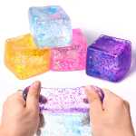 Cub Antistres Glitter Ice Cube Jucarie Senzoriala Squishy Din Gel Elastic 4x4cm - imagine 4