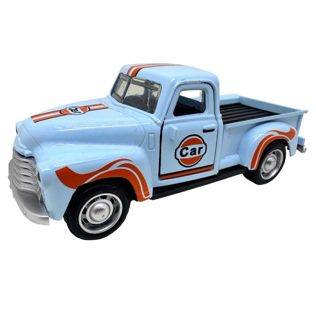 Macheta Chevrolet camioneta Clasica 1955 1:32 replica metal usi deschise pull back albastru deschis