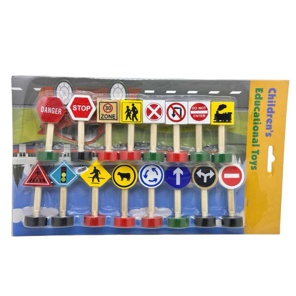 Set 16 indicatoare rutiere educative pentru copii din lemn