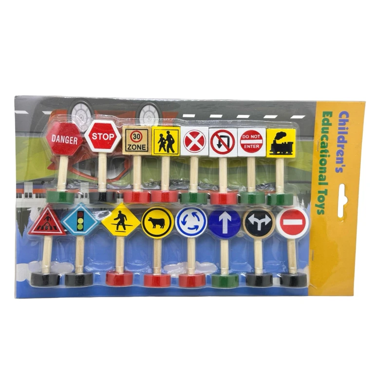 Set 16 indicatoare rutiere educative pentru copii din lemn