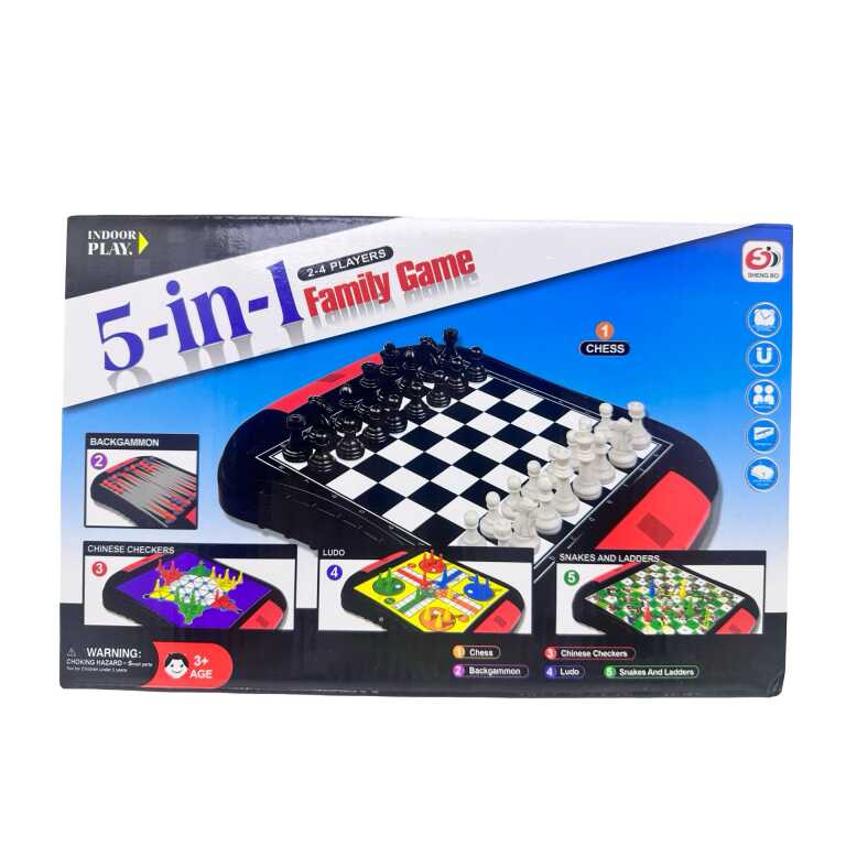 Joc educativ 5 in 1 Family Game Sah Table Ludo Dame chinezesti si Serpi si Scari 2-4 jucatori