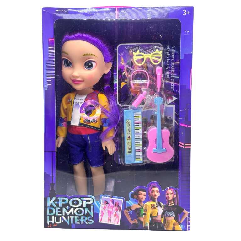 Papusa KPOP Demon Hunters cu accesorii muzicale si par mov 28 cm