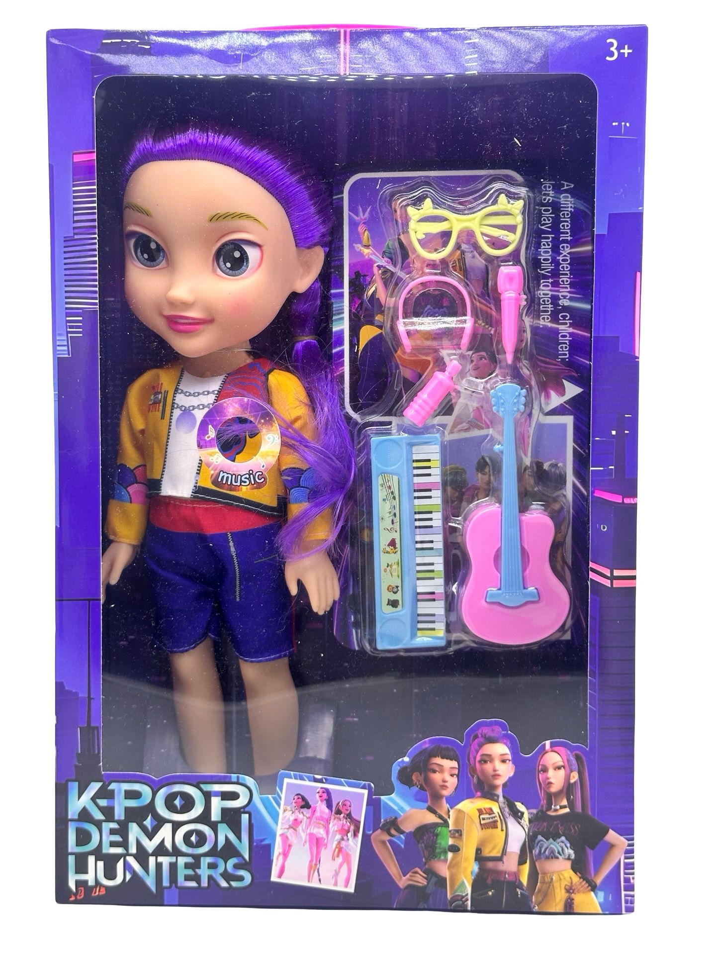 WhatsApp Image 2026-06-18 at 09.40.42 Papusa KPOP Demon Hunters cu accesorii muzicale si par mov 28 cm