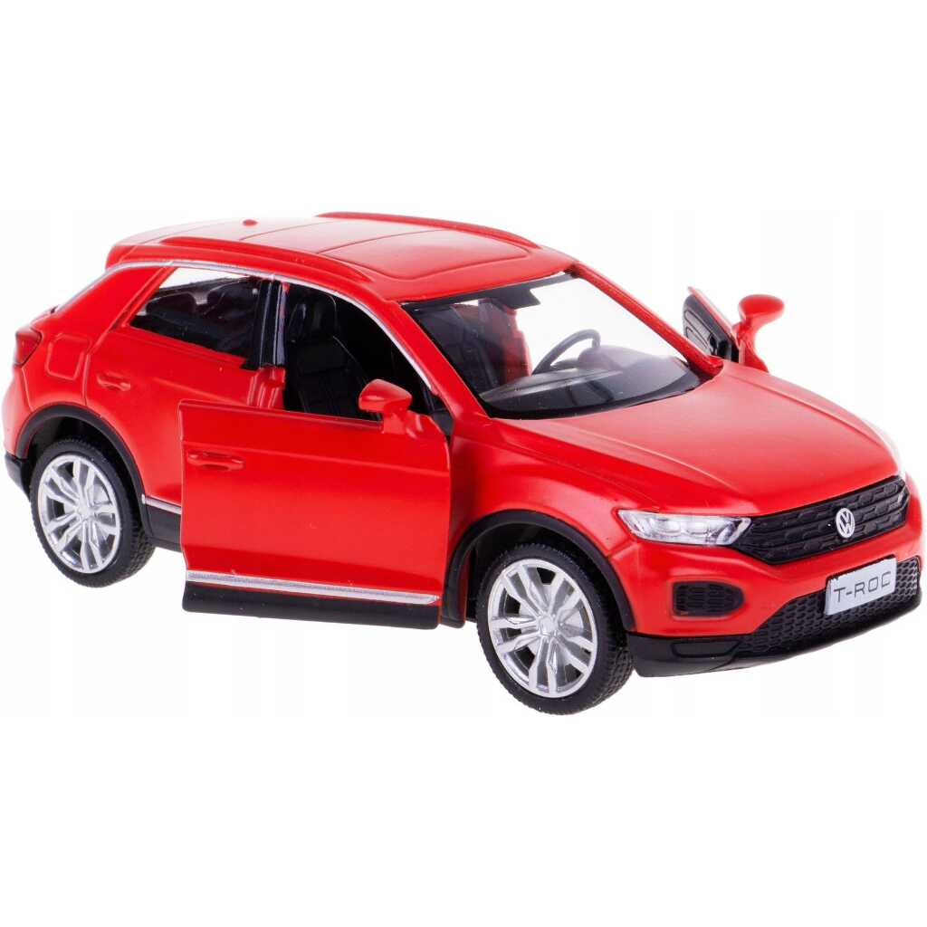 Macheta Volkswagen T-Roc rosie 1:32 replica metal cu usi deschise si mecanism pull back fara cutie proprie