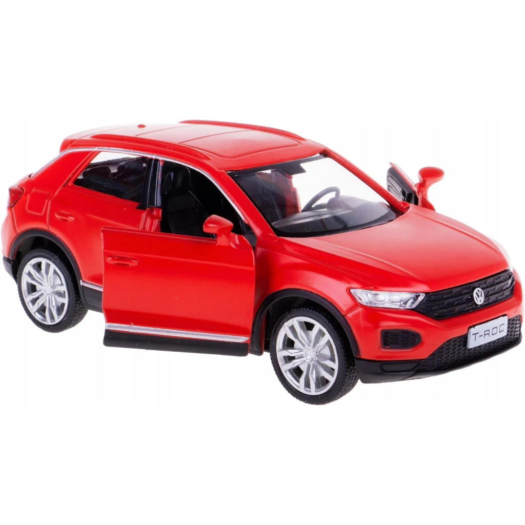 Macheta Volkswagen T-Roc rosie 1:32 replica metal cu usi deschise si mecanism pull back fara cutie proprie