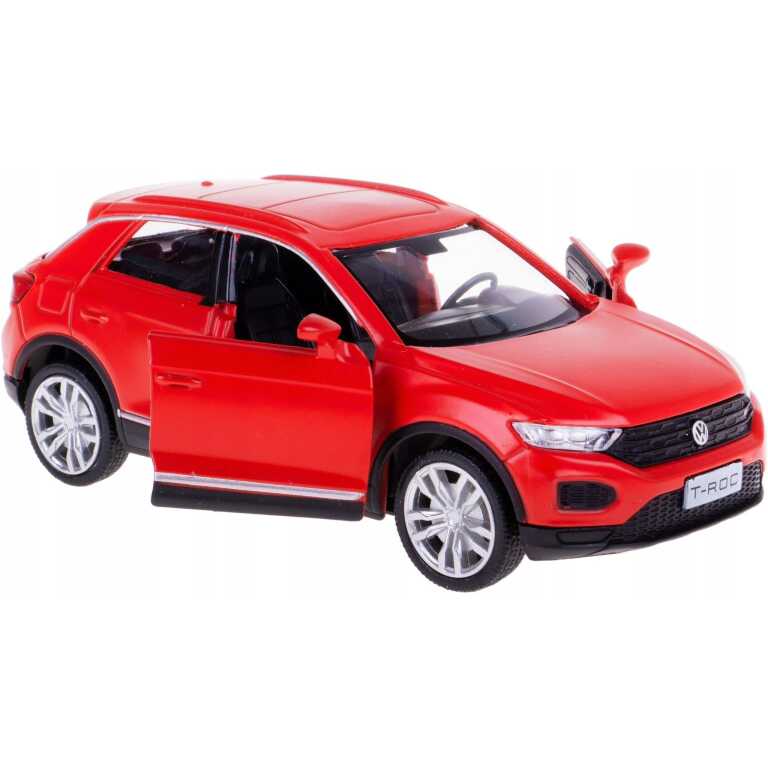 Macheta Volkswagen T-Roc rosie 1:32 replica metal cu usi deschise si mecanism pull back fara cutie proprie