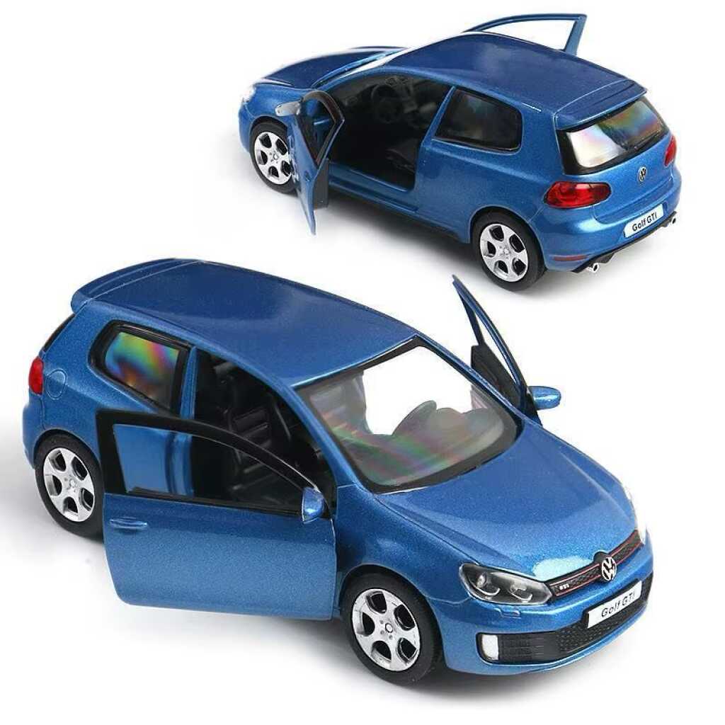 Macheta Volkswagen Golf GTI albastru 1:36 replica metal cu usi deschise si mecanism pull back fara cutie proprie