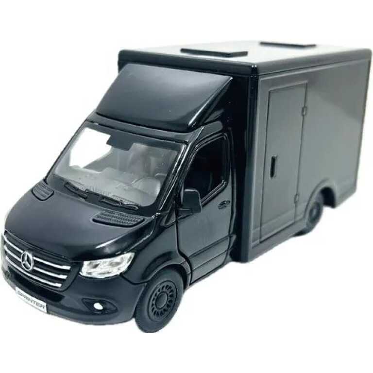 Macheta Mercedes Sprinter neagra duba transport replica metal cu usi deschise si mecanism pull back fara cutie proprie