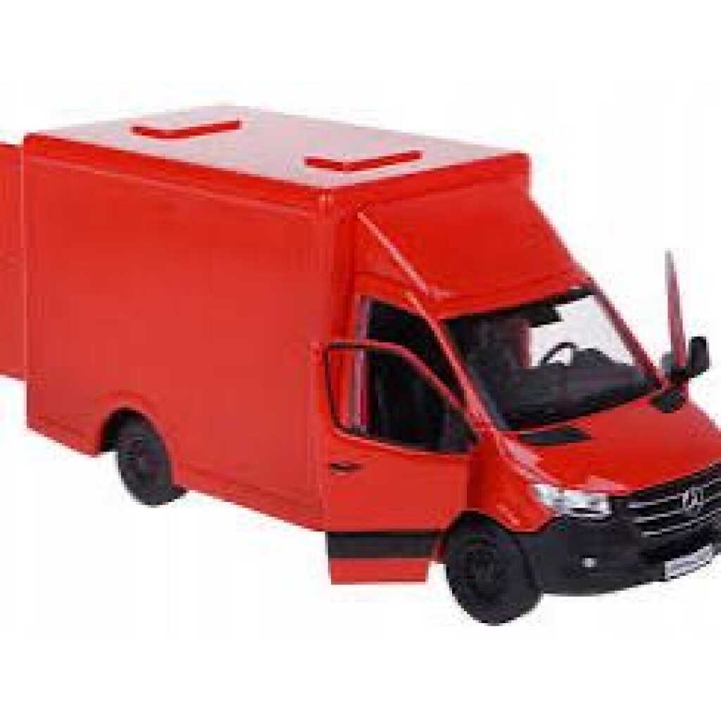 Macheta Mercedes Sprinter rosie duba transport replica metal cu usi fata si usi spate deschise mecanism pull back fara cutie proprie