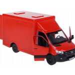Macheta Mercedes Sprinter rosie duba transport replica metal cu usi fata si usi spate deschise mecanism pull back fara cutie proprie