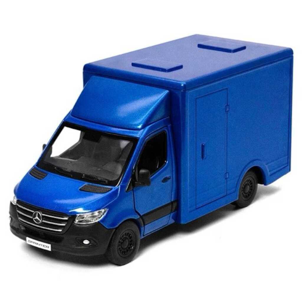 Macheta Mercedes Sprinter albastra duba transport replica metal cu usi fata si usi spate deschise mecanism pull back fara cutie proprie