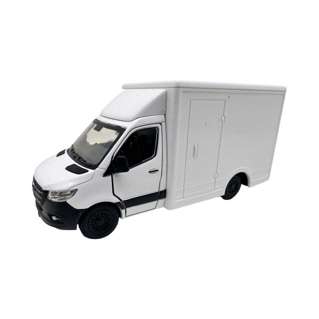 Macheta Mercedes Sprinter alb duba transport replica metal cu usi fata si usi spate deschise mecanism pull back fara cutie proprie