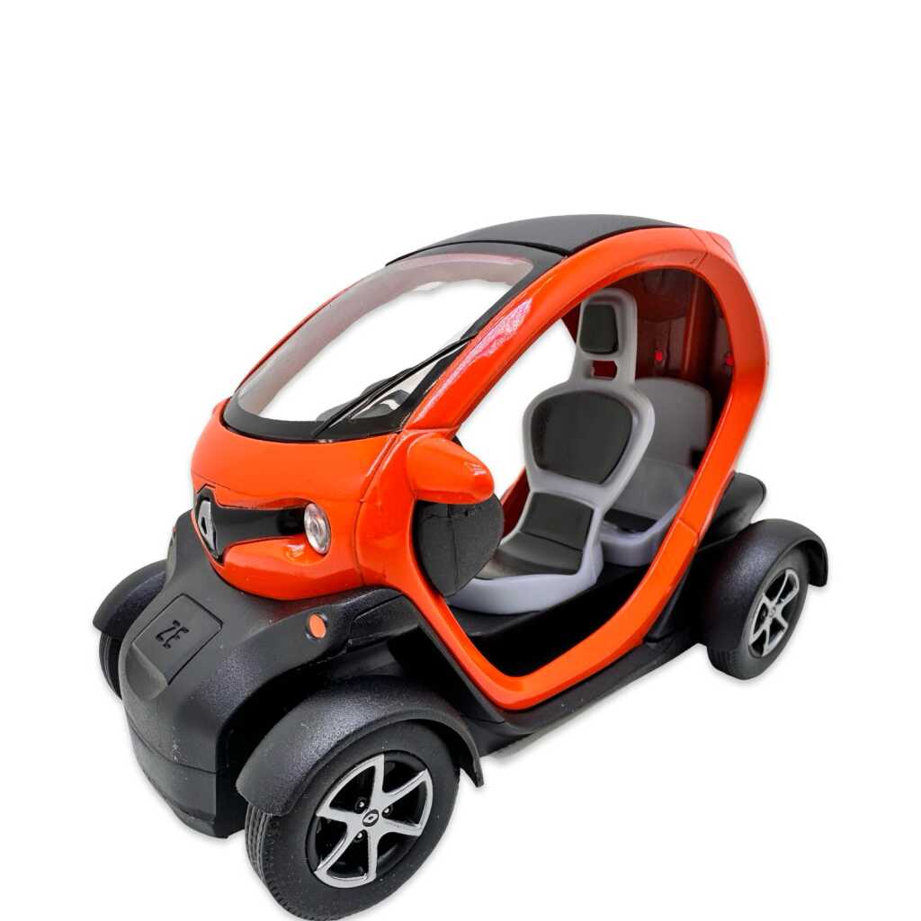 Macheta Renault Twizy portocalie replica metal cu usi deschise si mecanism pull back fara cutie proprie