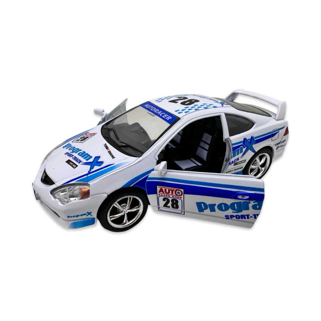 Macheta Honda Integra alba racing replica metal cu usi deschise si mecanism pull back fara cutie proprie
