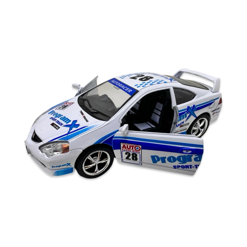 Macheta Honda Integra alba racing replica metal cu usi deschise si mecanism pull back fara cutie proprie