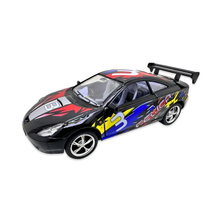Macheta Toyota Celica neagra racing cu usi deschise si mecanism pull back fara cutie proprie