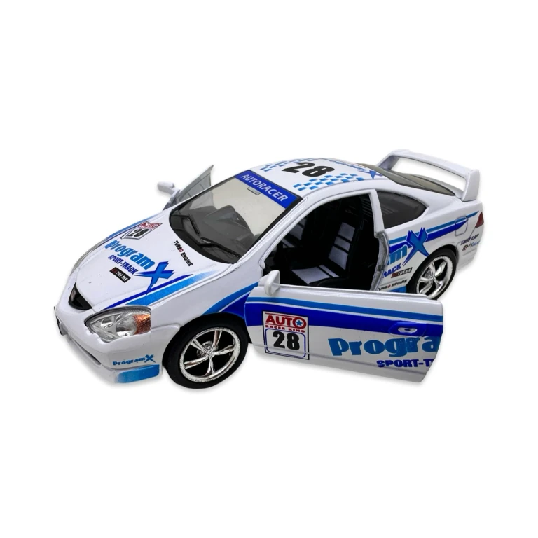 Macheta Honda Integra alba racing replica metal cu usi deschise si mecanism pull back fara cutie proprie