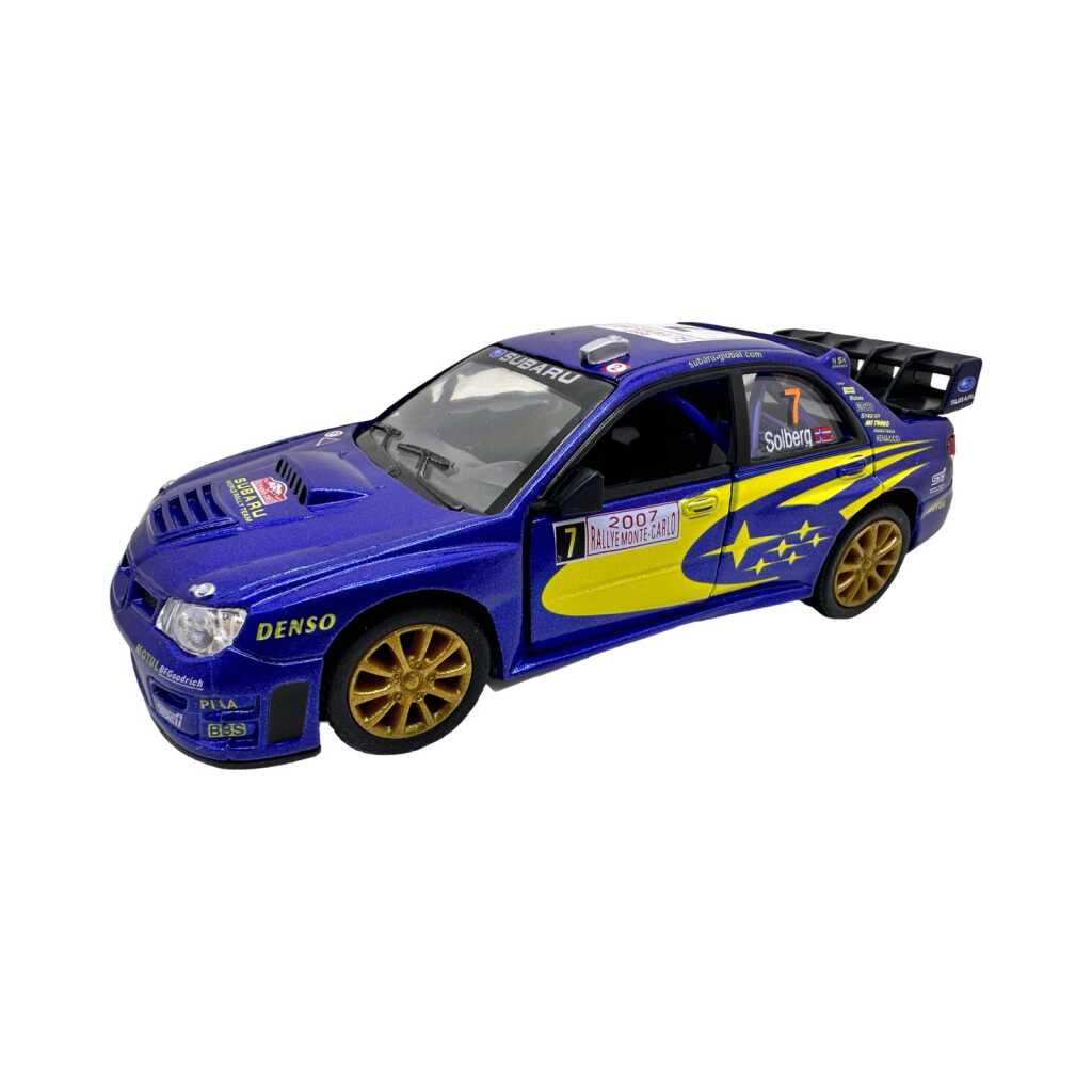 Macheta Subaru Impreza WRX STI albastra rally cu usi deschise si mecanism pull back fara cutie proprie