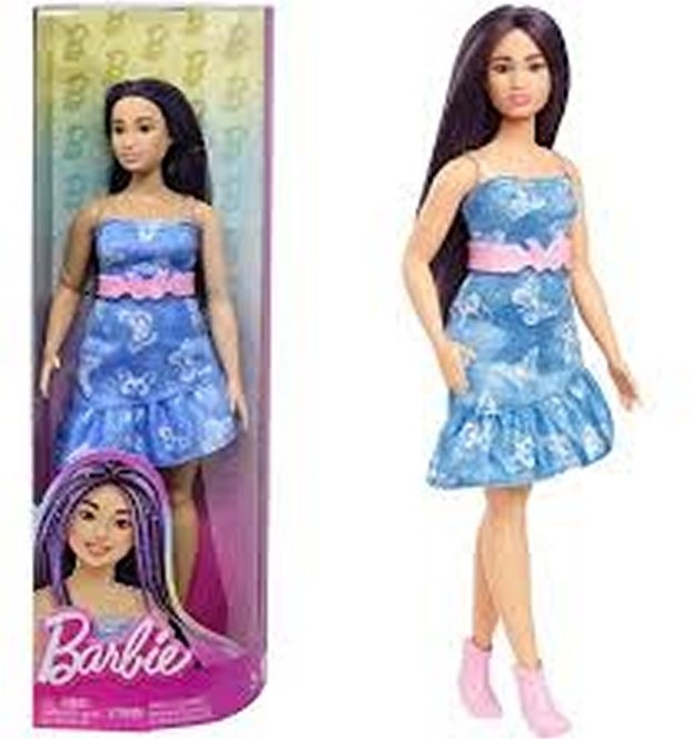 mattel-barbie-fashionistas-doll-with-purple-hair-105x325cm Papusa Barbie Fashionistas Originala Mattel Jucarie pentru Fete cu Rochie Denim Floral