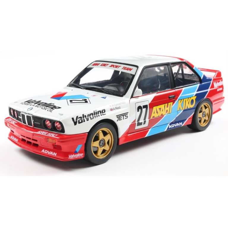 Macheta BMW M3 e30 1986 #27 Kawamoto Anthony reid jtcc scara 1/18 rosu albastru si alb