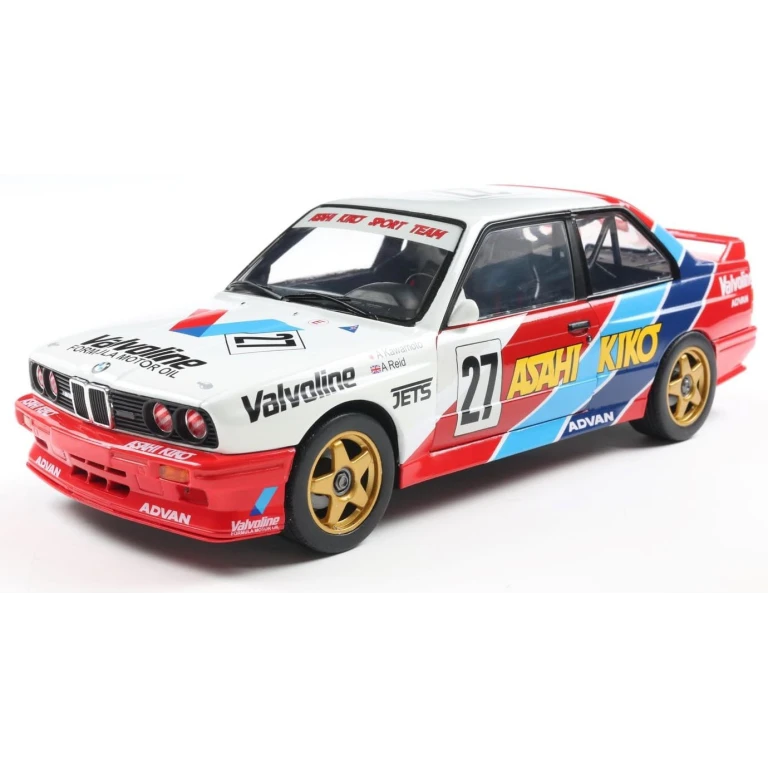 Macheta BMW M3 e30 1986 #27 Kawamoto Anthony reid jtcc scara 1/18 rosu albastru si alb