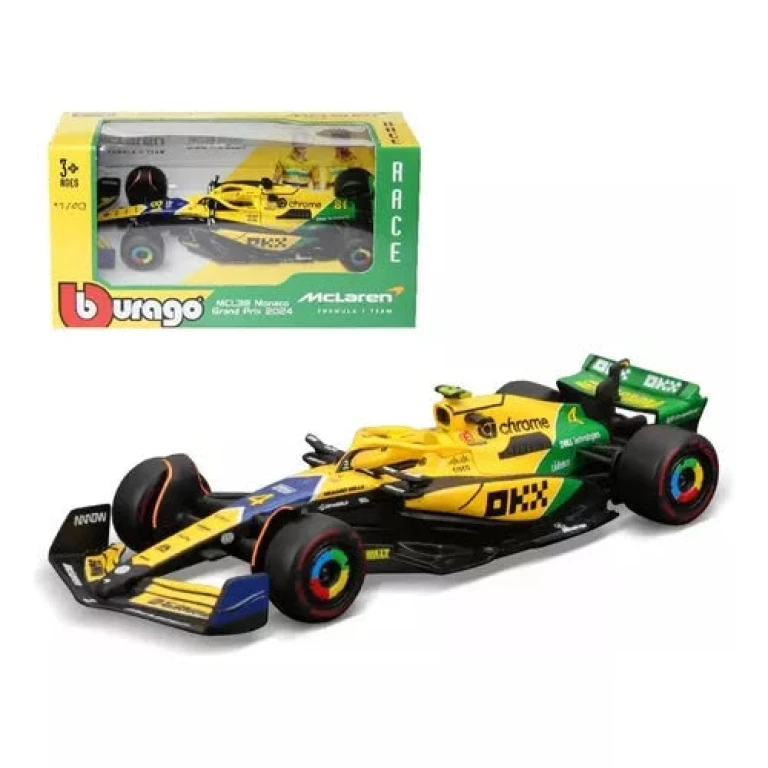 Macheta Formula 1 2024 mclaren mcl38 #4 lando norris locul 4 la Marele Premiu de la Monaco, grafica aniversara Senna 30 de ani scara 1/43 galben verde si albastru