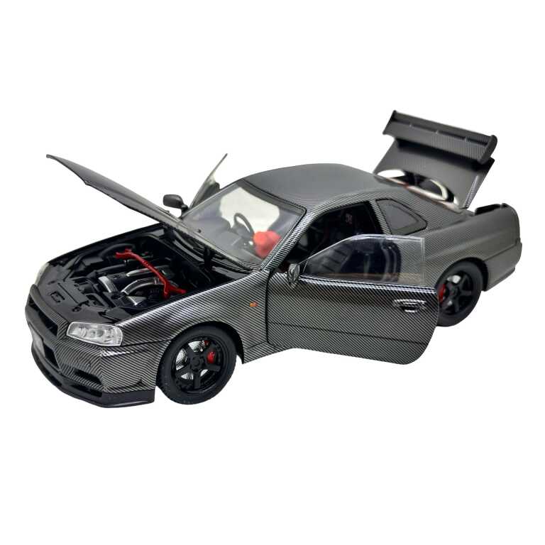 Macheta Auto Nissan Skyline GT-R R34 Carbon Look Metal Die-Cast 1/24 sunet lumini deschide usile si capotele