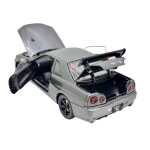 Macheta Auto Nissan Skyline GT-R R34 Carbon Look Metal Die-Cast 1/24 sunet lumini deschide usile si capotele - imagine 9