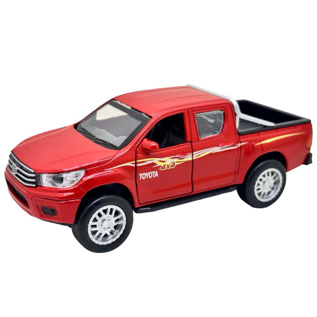 Mașinuță metalică Toyota Pickup 4x4 roșie cu lumini sunete uși deschizabile și mecanism cu resort