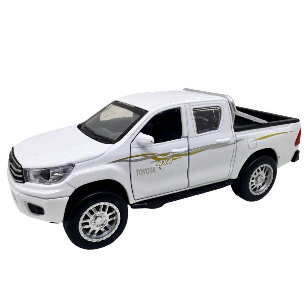 Mașinuță metalică Toyota Pickup 4x4 albă cu lumini sunete uși deschizabile și mecanism cu resort