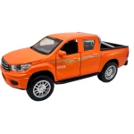 Mașinuță metalică Toyota Pickup 4x4 portocalie cu lumini sunete uși deschizabile și mecanism cu resort