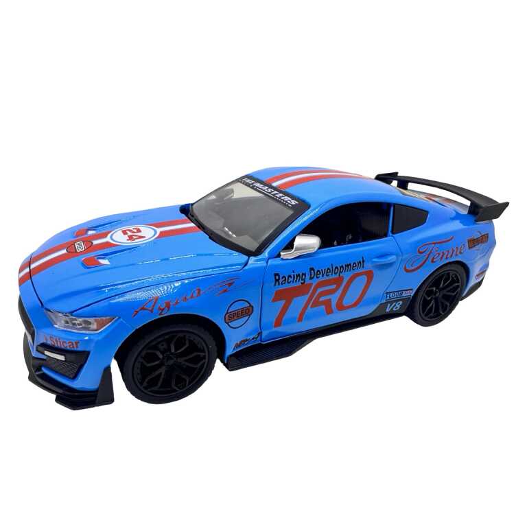 Machetă metalică Ford Mustang Shelby GT500 albastru scara 1:24 cu lumini sunete elemente deschizabile și mecanism cu resort