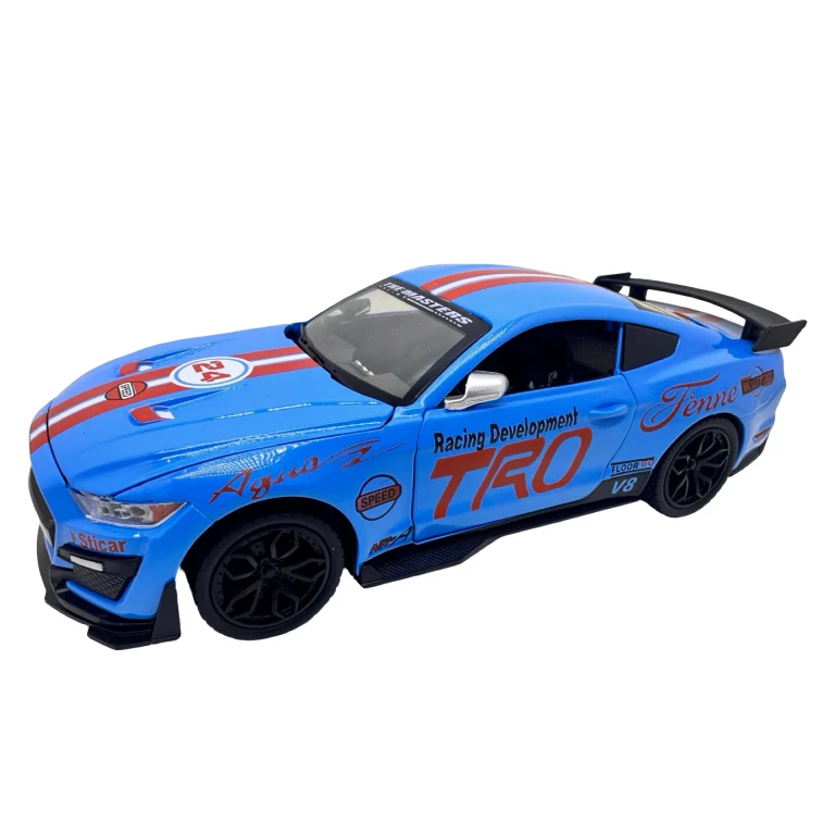 Machetă metalică Ford Mustang Shelby GT500 albastru scara 1:24 cu lumini sunete elemente deschizabile și mecanism cu resort