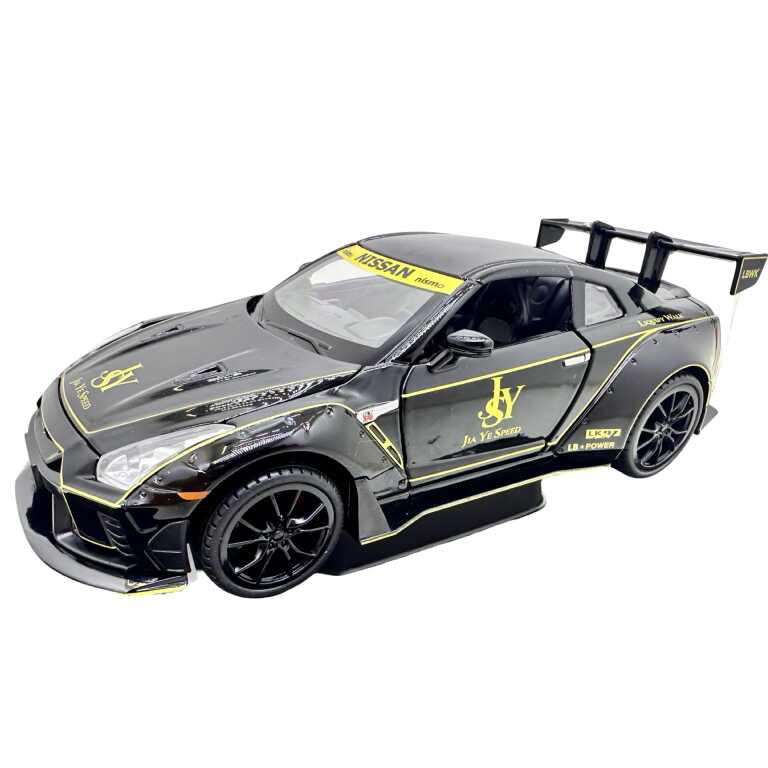 Machetă metalică Nissan GT-R neagră Liberty Walk scara 1:22 cu uși capotă și portbagaj deschizabile sunet si lumini