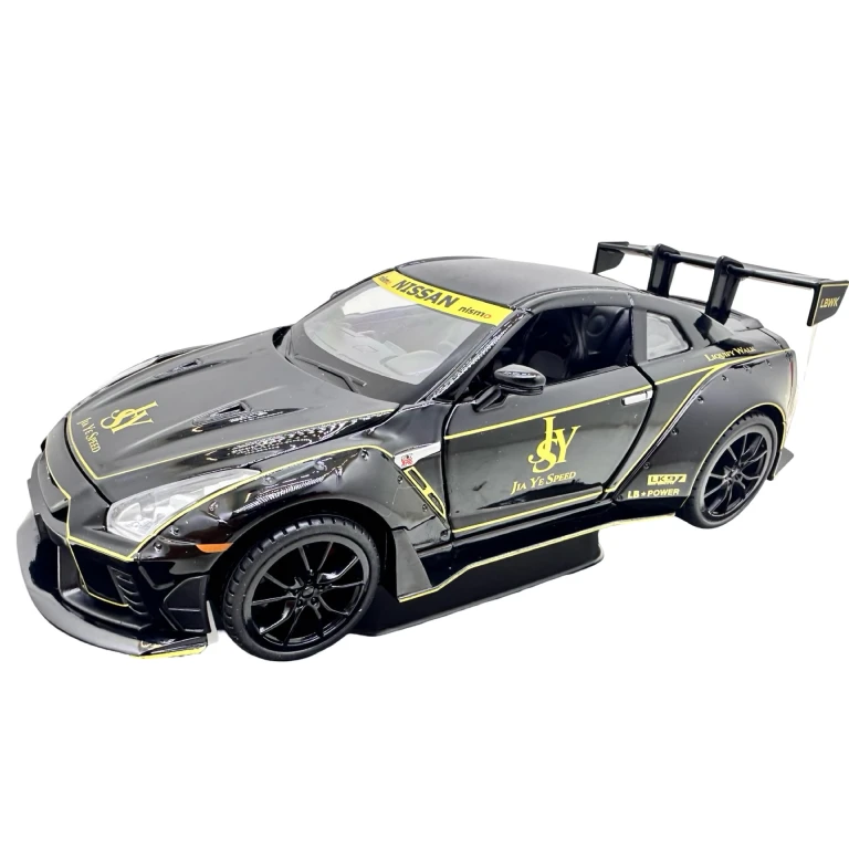 Machetă metalică Nissan GT-R neagră Liberty Walk scara 1:22 cu uși capotă și portbagaj deschizabile sunet si lumini