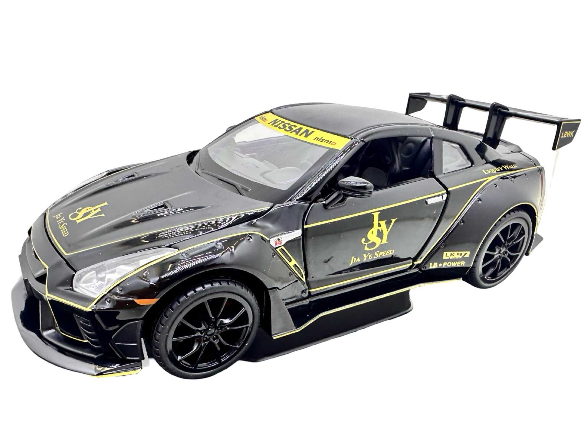 WhatsApp Image 2026-08-07 at 16.38.50 (1) Machetă metalică Nissan GT-R neagră Liberty Walk scara 1:22 cu uși capotă și portbagaj deschizabile sunet si lumini
