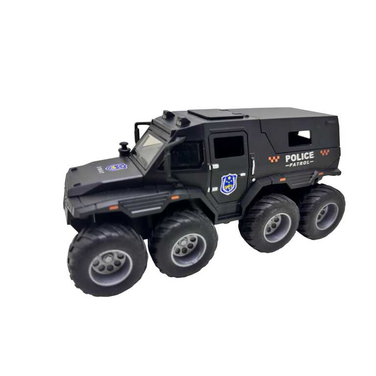 Mașină de poliție blindată neagra 8x8 din plastic cu lumini sunete și trapă deschizabilă